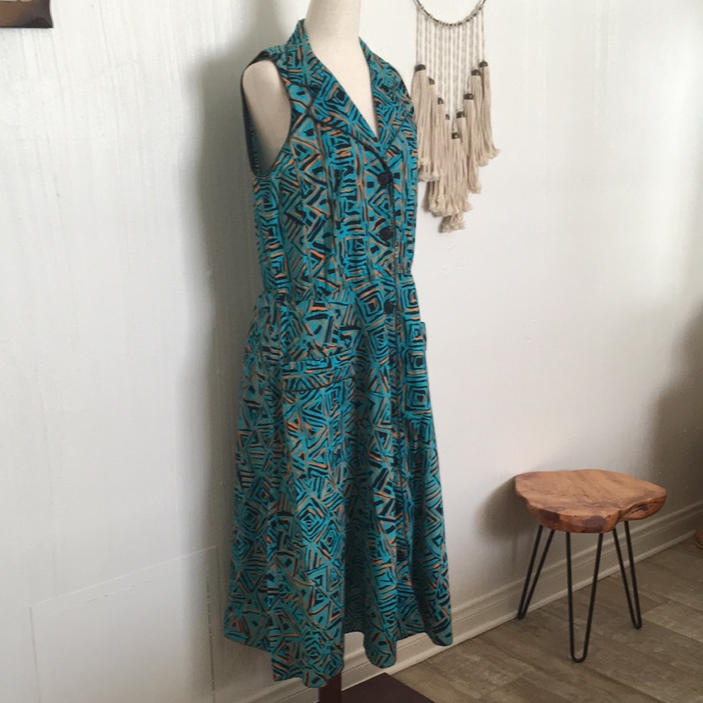 Vintage 1960’s Jan Sue abstract print dress pockets 38” bust ikat tribal